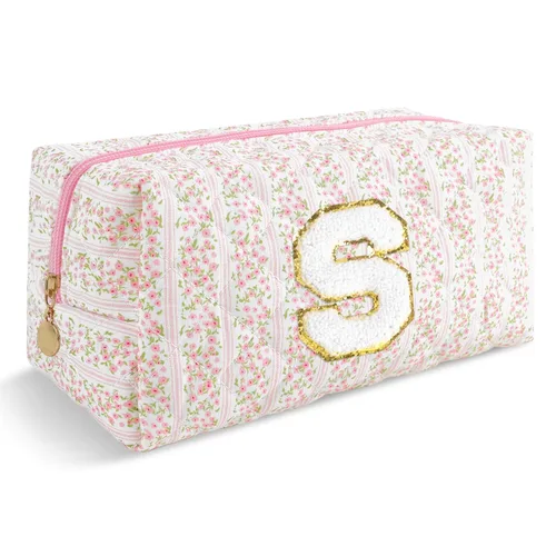 Miniatura 88 de Pequeña bolsa de maquillaje personalizada con inicial A-Z Preppy Patch, bolsa de cosméticos de viaje de felpilla blanca con cremallera, bonita bolsa