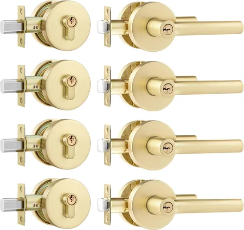Miniatura 20 de Leydebong Paquete de 1 manija de puerta de entrada resistente dorada (para oficina y puerta delantera) reversible para lado derecho e izquierdo
