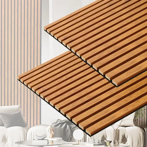 Paneles de pared acústicos 3D con listones y acabado en madera, paquete de 2 paneles de absorción de sonido para estudio, oficina, sala de estar,