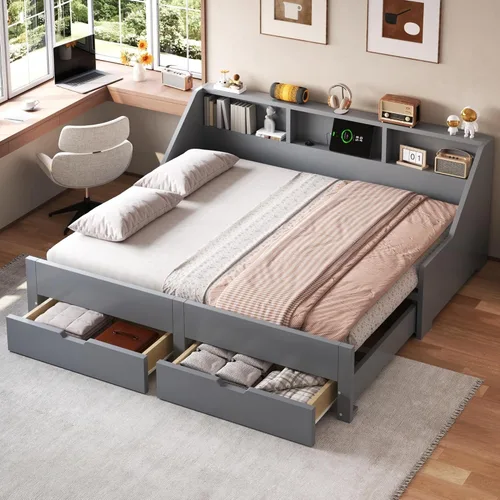 Miniatura 14 de JIVOIT Sofá cama extensible con cama nido y dos cajones de almacenamiento, marco de sofá cama de madera con soportes de listones de madera, diseño
