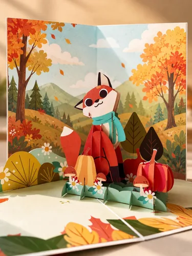 Miniatura 3 de ETA Autumn Fox - Tarjeta de felicitación 3D emergente - Tarjeta temática de otoño con calabazas y hojas - Bonita tarjeta desplegable de animales