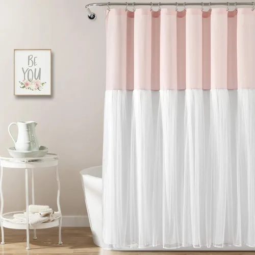 Lush Decor Cortina de ducha de tul con bloques de color, 72 pulgadas de ancho x 72 pulgadas de largo, color rubor y blanco, cortinas de ducha de