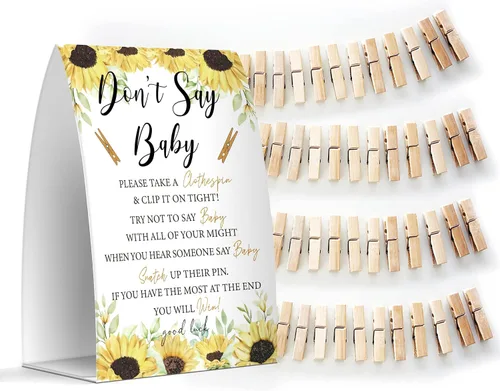 Miniatura 19 de Juego de texto en inglés "Don't Say Baby", un letrero de 5 x 7 pulgadas y 50 mini pinzas para la ropa, juegos de baby shower, decoración de baby