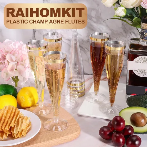Miniatura 7 de Paquete de 100 copas de champán de plástico desechables, copas de champán de plástico con borde dorado, flauta de champán desechable transparente