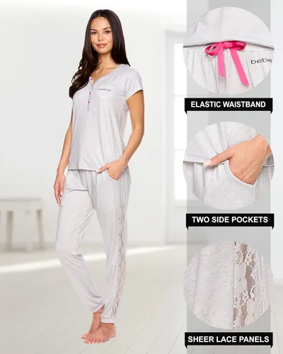 Miniatura 3 de bebe Conjunto de pijama para mujer, camisa de manga corta con pantalones de encaje para mujer