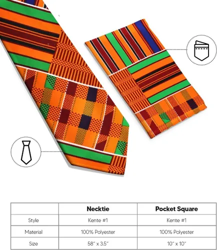 Miniatura 45 de Juego de corbata Kente con estampado africano y animal y pañuelo de bolsillo a juego