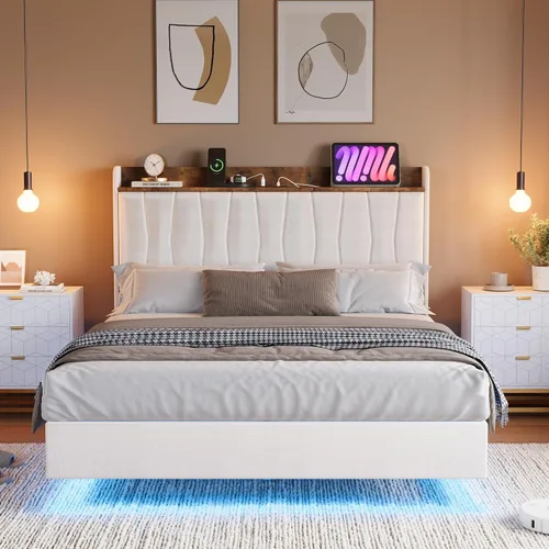 Miniatura 3 de GarveeHome Marco de Cama Flotante Full con Luces LED y Estación de Carga USB – Cama Plataforma Moderna Tapizada con Cabecero, Soporte de Listones