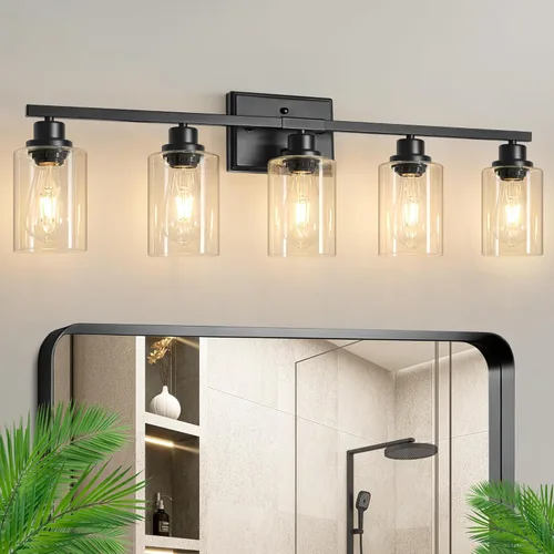 Miniatura 16 de Ascher 2 luces de pared, lámpara de tocador moderna con acabado negro, luz de pared con pantalla de vidrio transparente para espejo, pasillo