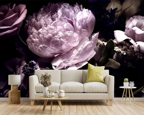 Miniatura 2 de Papel tapiz de flores botánicas de peonía negra y púrpura para sala de estar, dormitorio, baño, flores oscuras, mural grande de pared - 137"x96