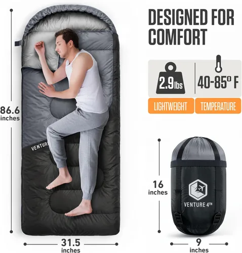 Miniatura 2 de VENTURE 4TH Saco de dormir para mochileros – XXL, tamaños dobles e individuales – Saco de dormir ligero para clima cálido y frío para adultos, niños