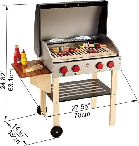 Miniatura 7 de Hape, Parrilla para barbacoa de juguete con set de comida de juguete para cocinar brochetas de madera con accesorios