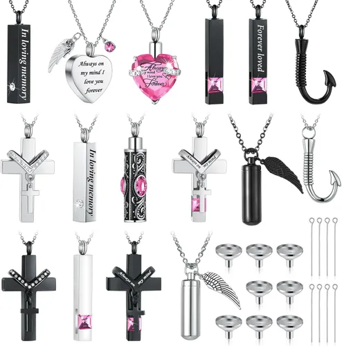 Miniatura 36 de 16 piezas de collar de urna para cenizas, medallón de cenizas talladas de acero inoxidable impermeable con 8 kit de relleno, cilindro de corazón