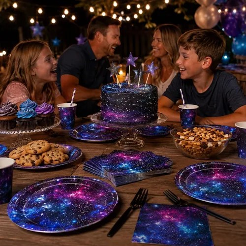 Miniatura 6 de Space Galaxy Party Supplies - Juego de vajilla para decoración de fiesta de cumpleaños del espacio exterior, noche estrellada, planeta, sistema