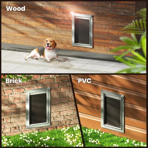 Miniatura 7 de Puerta para perros de pared, puerta mediana para perros, puerta resistente para mascotas y gatos, marco completamente de aluminio, 2 solapas