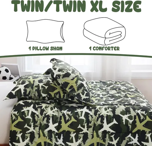 Miniatura 3 de Juego de colcha Yibeizi para avión para niños, tamaño individual, ropa de cama estampada en camuflaje verde para niños con funda de almohada, juego
