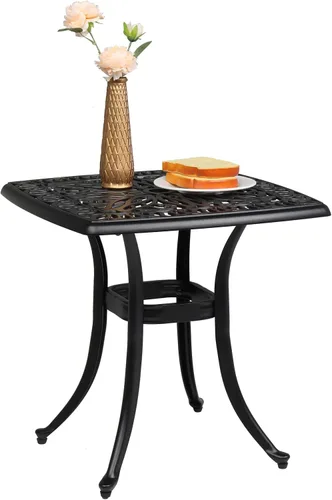 Miniatura 9 de VINGLI Mesa redonda de aluminio fundido de 23.6 pulgadas con agujero para sombrilla – Bistró y mesa auxiliar para todo tipo de clima (negro)