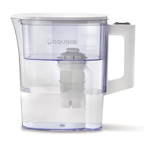 Aquara® Jarra de filtro de agua ultra delgada de 5 tazas con 1 filtro estándar, sin BPA, certificado WQA que reduce el cobre, mercurio, cloro y más,