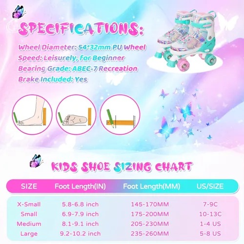 Miniatura 16 de MammyGol Patines de ruedas para niños y niñas, patines ajustables para niños con hermosas mariposas, principiantes de 3 a 16 años de edad, patines