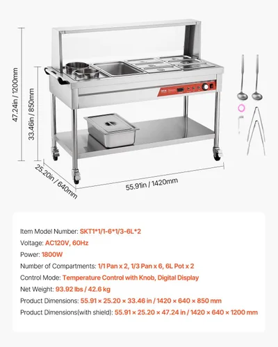 Miniatura 7 de VEVOR Calentador de alimentos comercial, 7 bandejas + 2 ollas, mesa de vapor eléctrica, 1800 W, calentador de alimentos profesional para catering
