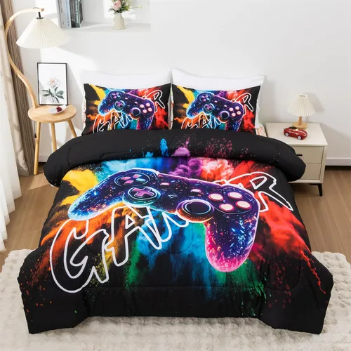 Miniatura 26 de Aimuan - Juego de ropa de cama para jugadores, conjuntos de edredón 3D con mando de juego para niños, botones de acción, controlador de juego Negro