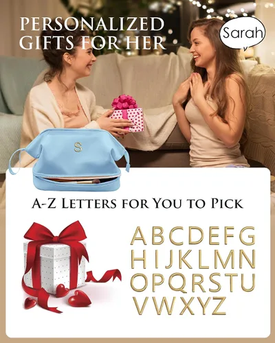 Miniatura 6 de Regalos para mujer, bolsa de maquillaje grande con inicial, artículos esenciales de viaje, bolsa de cosméticos personalizada de doble capa
