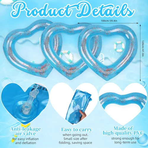 Miniatura 2 de Flotador inflable de 3 piezas de corazón para piscina, anillos de natación inflables con purpurina, despedida de soltera, tubo flotador, anillo