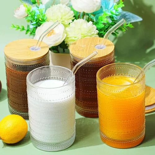 Miniatura 4 de Vasos de vidrio de 15 onzas con tapas y pajitas, cristalería vintage en relieve para whisky, cóctel, cerveza, taza de café helado con tapa