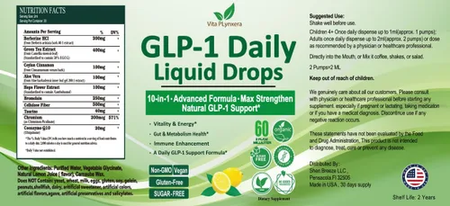 Miniatura 9 de Gotas líquidas de apoyo GLP-1, fórmula 10 en 1 con berberina, canela de Ceilán, fibra prebiótica y extracto de té verde Apoyo para el metabolismo