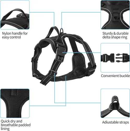 Miniatura 2 de Arnés negro reflectante sin tirones para perro con 2 clips para correa, chaleco acolchado suave para perros pequeños, fácil de poner y quitar