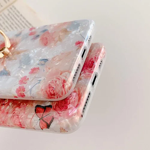 Miniatura 7 de Qokey - Funda compatible para iPhone XR, hermoso diseño de flores, para mujer y niña, con anillo giratorio de 360 grados, TPU suave, a prueba