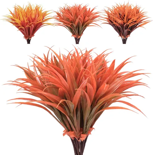 Miniatura 13 de 8 piezas flores artificiales de otoño para decoración al aire libre, plantas artificiales de otoño para exteriores, hierba amarilla artificial
