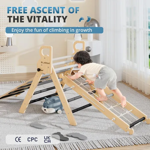 Miniatura 4 de BlueWood Juego de Triángulo Pikler 10 en 1, Juguetes de Escalada para Niños Pequeños de Interior, Escalador Montessori, Gimnasios de Selva