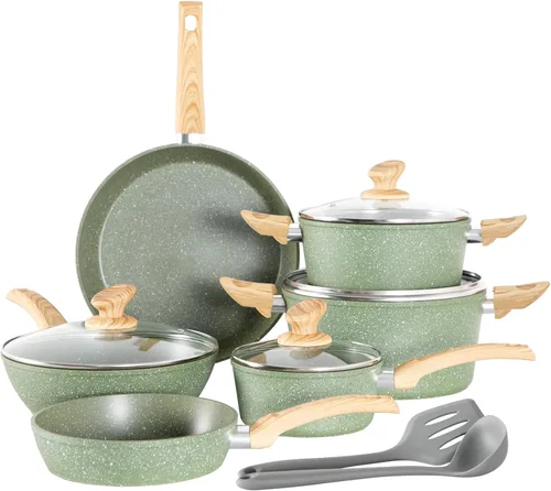 Kitchen Academy Juego de ollas y sartenes no tóxicas antiadherentes, juego de utensilios de cocina de inducción de 12 piezas, juego de ollas y Verde