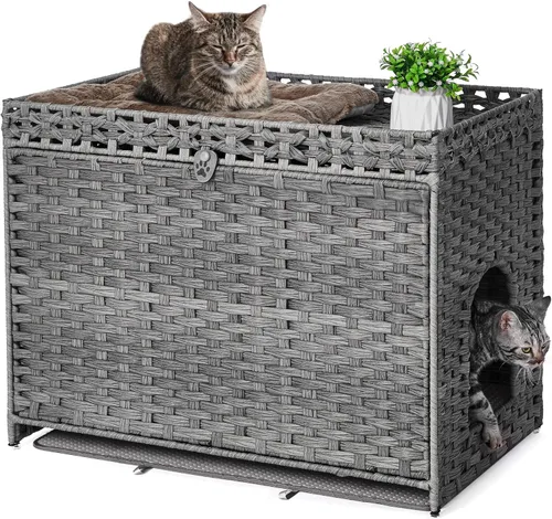 Miniatura 11 de Caja de arena para gatos con alfombrilla de arena suave; muebles ocultos de baño para gatos con puerta; casa de gato de ratán tejida a mano; jaula