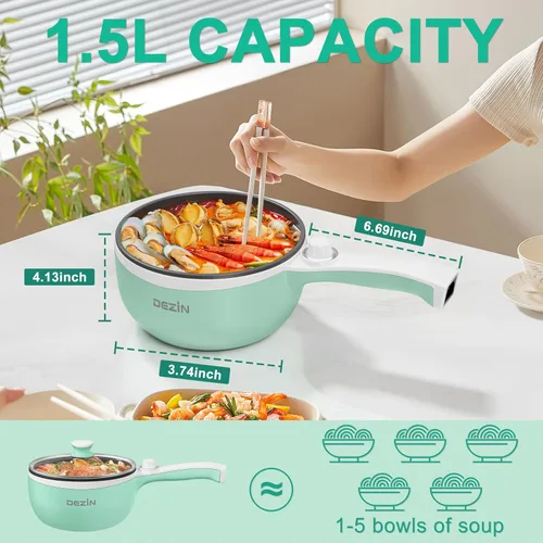 Miniatura 3 de Dezin Cocina eléctrica mejorada, sartén antiadherente, mini olla eléctrica para fondue de 1.5 litros para queso, salteado, asado, vapor con ajuste