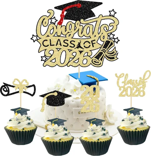 Miniatura 38 de Gyufise 24 piezas de decoración para cupcakes con purpurina para graduación 2026, decoración de pasteles para graduación 2026, decoración de Negro