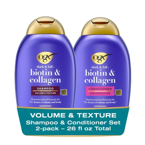 OGX Espeso y Abundante + Biotina y Colágeno para Volumen y Cuerpo del Cabello, Champú y Acondicionador Voluminizador Sin Sulfatos para Cabello Fino