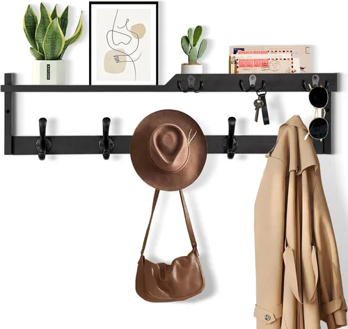 Miniatura 10 de dreampossible Perchero de pared con estante, perchero de pared con ganchos para llaves y soporte para correo, estante flotante de entrada de madera