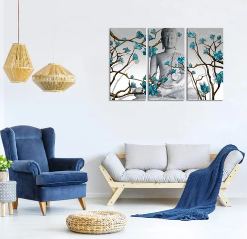 Miniatura 2 de Visual Art Decor 3 piezas de arte de pared de Buda estatua de Buda con flores azules abstractas, impresiones en lienzo para sala de estar