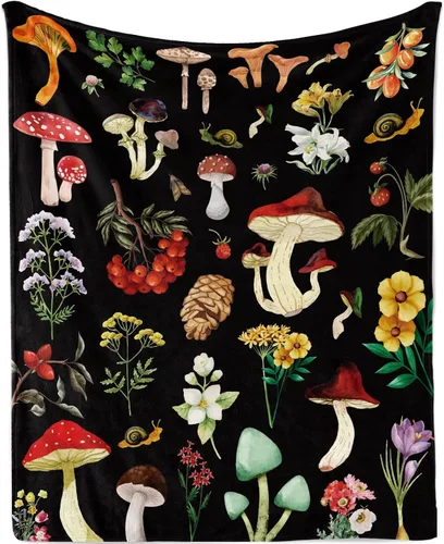 Manta de vellón con estampado de hongos, plantas de bayas y bayas para adultos, hippie, vintage, decoración de habitación para dormitorio, estética,