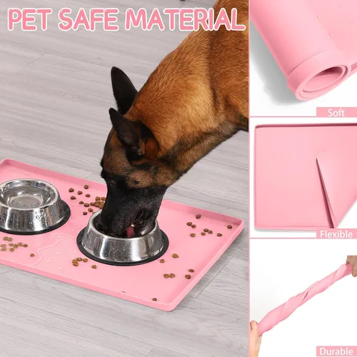 Miniatura 5 de MateeyLife Tapete de Silicona para Comida de Gatos y Perros para Pisos Impermeable, Tapetes Antideslizantes para Tazones de Perros para Comida y Rosa