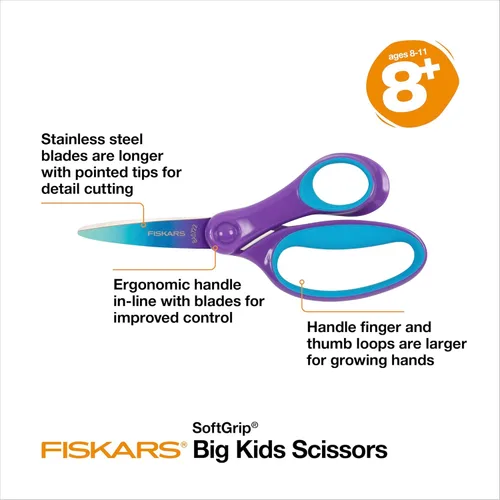 Miniatura 3 de Tijeras Fiskars Softgrip de 6 pulgadas para Niños Grandes de 8 a 11 años, tijeras para la escuela o manualidades, color turquesa y morado degradado