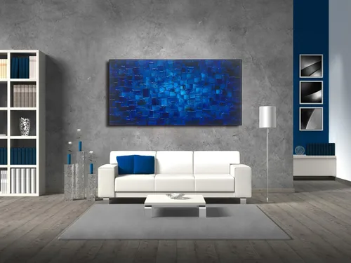 Miniatura 8 de MyArton Arte de pared de lienzo texturizado, cuadrados abstractos, pintado a mano, pintura al óleo moderna de color azul oscuro, imagen
