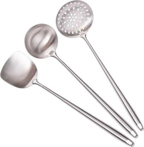 Miniatura 9 de Espátula y cucharón de 17 pulgadas, juego de herramientas de wok de acero inoxidable 304, 2 herramientas de cocina de mango extra largo, utensilios