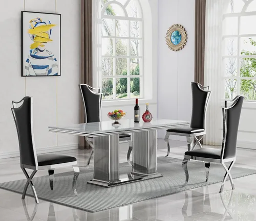 Miniatura 17 de Juego de mesa de comedor de mármol negro de lujo para 4, mesa de cocina dorada de 70 pulgadas y 4 sillas de cuero negro, juego de 5 mesas de comedor