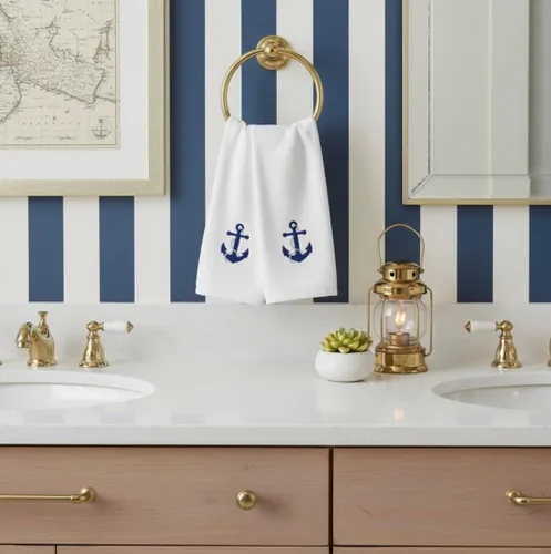 Miniatura 5 de Serafina Home Toallas de baño suaves y absorbentes para huéspedes: ancla azul náutica con diseño costero de cuerda gris plateada, 2 piezas de 12 "x