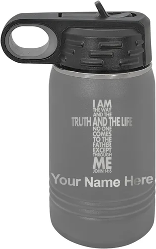 Miniatura 73 de LaserGram Botella de agua de doble pared abatible de 12 onzas con pajilla, versículo bíblico John 14-6, grabado personalizado incluido