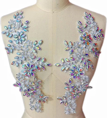 1 par de accesorios de apliques de encaje con diamantes de imitación, cuentas de vidrio, parches para decoración de vestidos de novia de niña (color