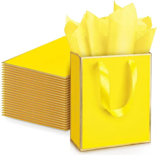 Miniatura 27 de Yeaqee Paquete de 24 bolsas de regalo de papel metálico con asa y papel de seda 9 x 7 x 3.1 pulgadas, papel de aluminio dorado, bolsas de regalo