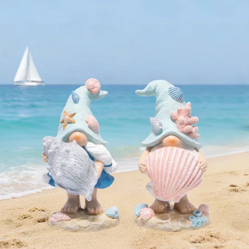 Miniatura 7 de Hodao Figuras de gnomos del océano costero – Gnomos de playa de resina pintados a mano con sombreros de conchas y estrellas de mar, decoraciones